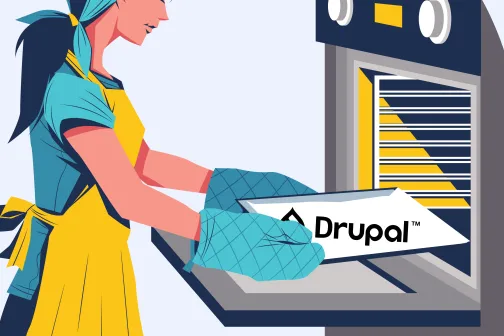 Woman putting a baking sheet with the Drupal logo on it into an oven