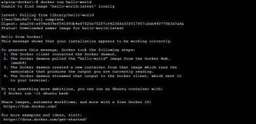 Output of Hello World Docker container on Alpine Linux
