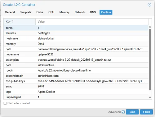 Confirm tab of Proxmox container GUI screen