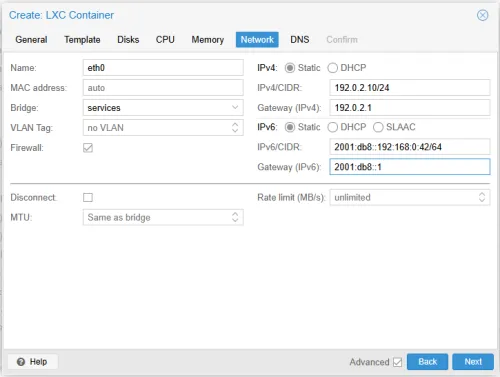 Network tab of Proxmox container GUI screen