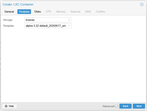 Template tab of Proxmox container GUI screen